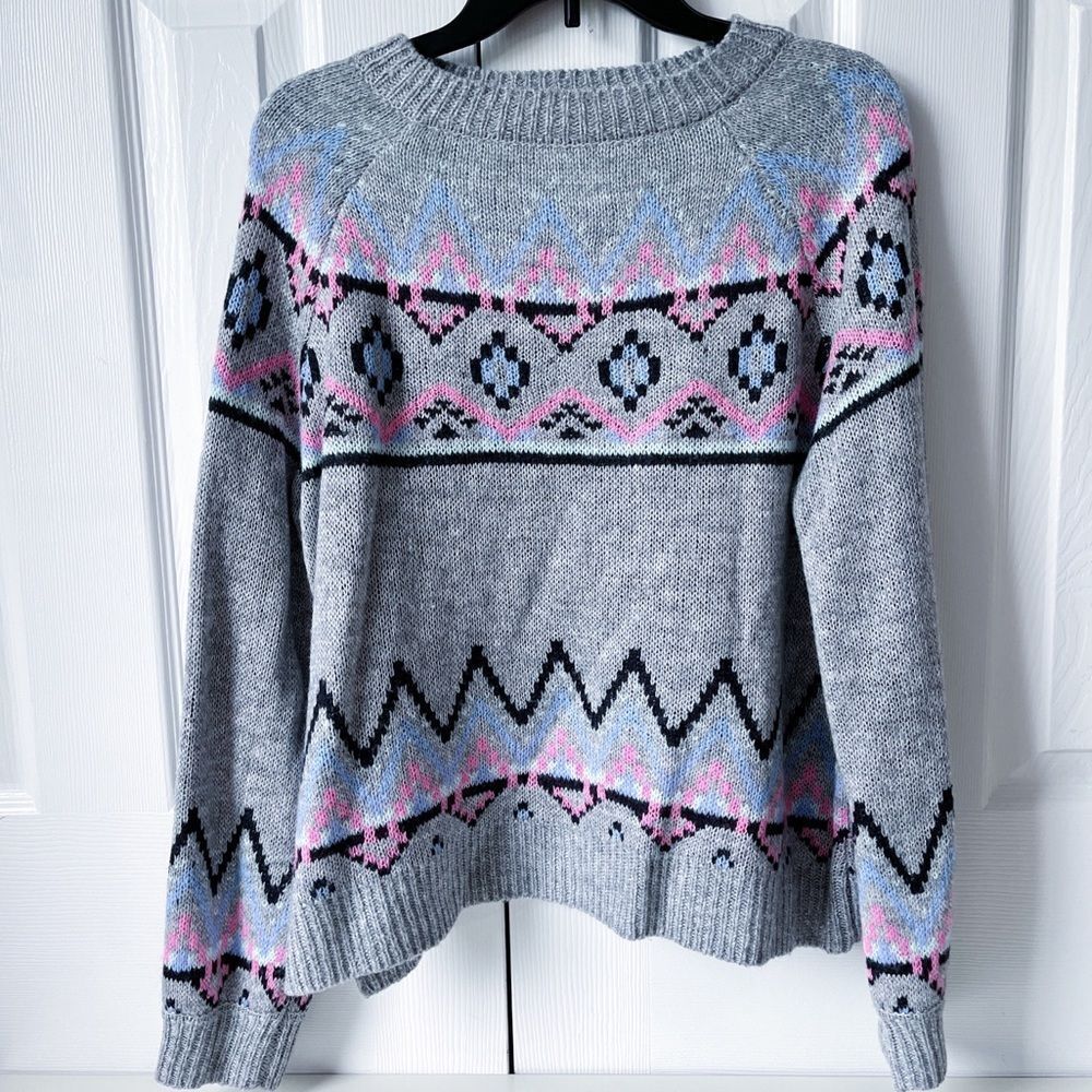 Arizona Jean Co Gray Aztec Tribal Print Boyfriend Knit Sweater | Women's Size XL